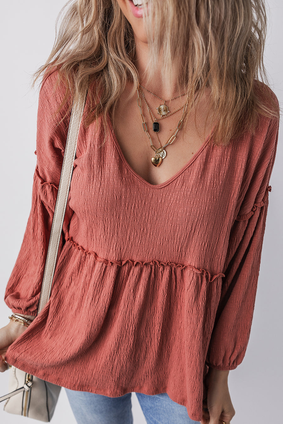 Bella Love Boutique California LLC Tops/Blouses & Shirts Mineral Red Solid Color Textured Frilled Trim V Neck Puff Sleeve Blouse