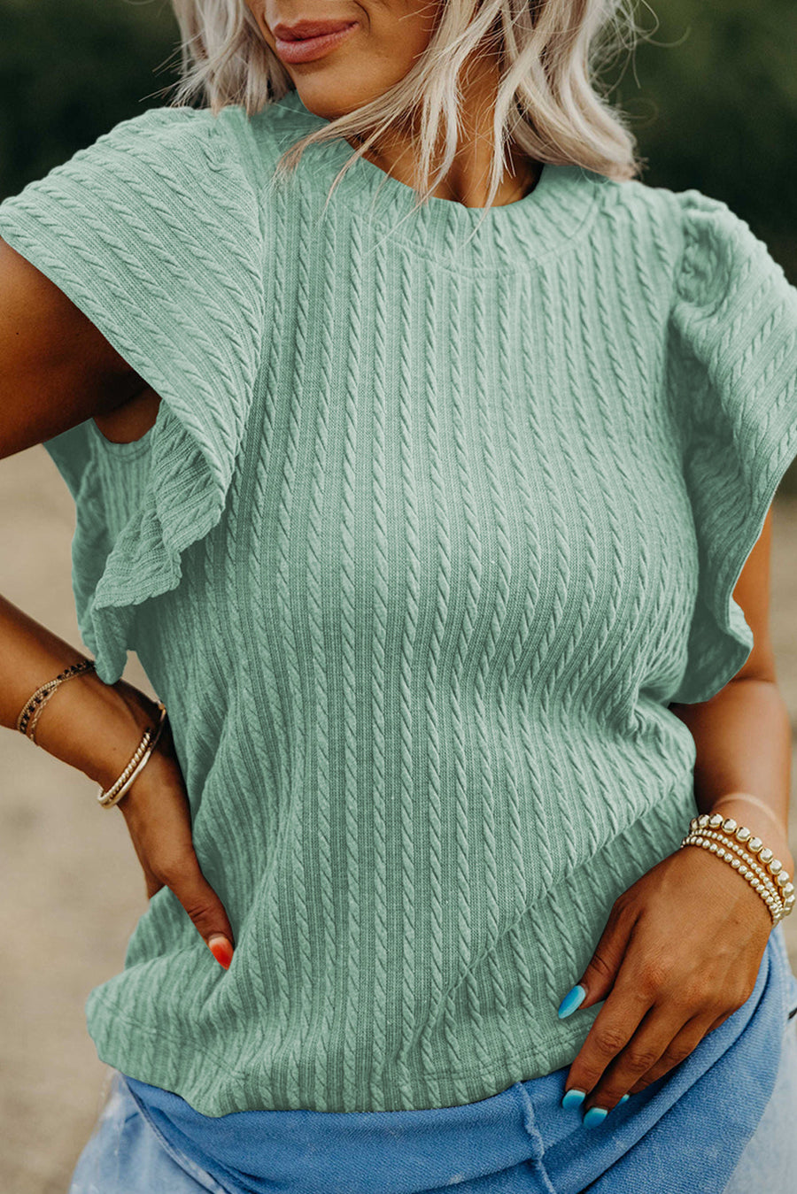 Bella Love Boutique California LLC Tops/Blouses & Shirts Moonlight Jade / S / 95%Polyester+5%Elastane Sleet Solid Color Textured Flutter Sleeve Top