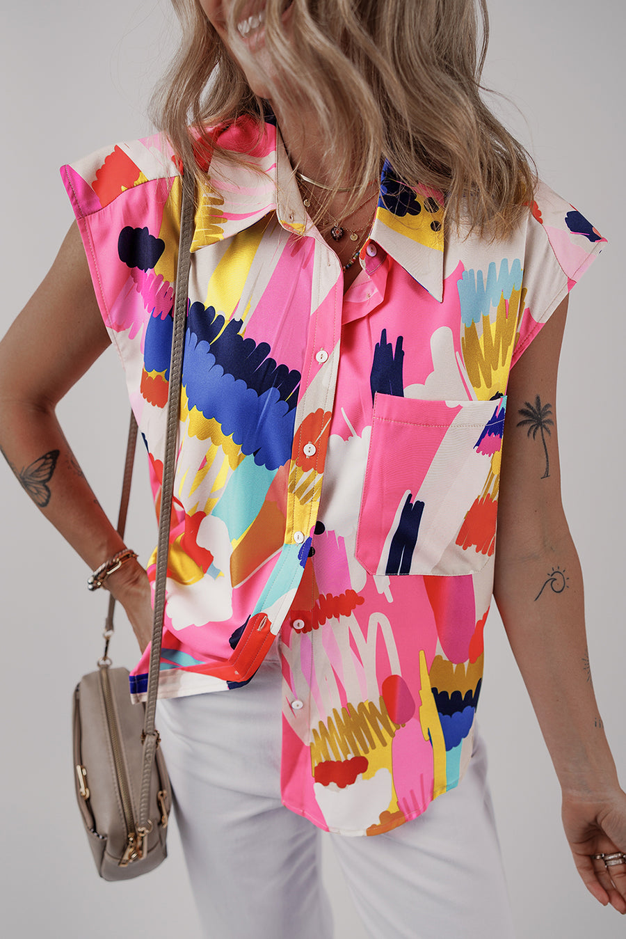 Bella Love Boutique California LLC Tops/Blouses & Shirts Multicolour / S / 100%Polyester Bella Loves Cali's Multicolour Abstract Print Collared Cap Sleeve Casual Shirt