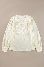 Bella Love Boutique California LLC Tops/Blouses & Shirts Oatmeal Geometric Jacquard V Neck Bishop Sleeve Blouse