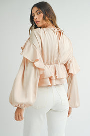 Bella Love Boutique California LLC Tops/Blouses & Shirts Oatmeal Lace-up Keyhole Back Ruffled Peplum Blouse