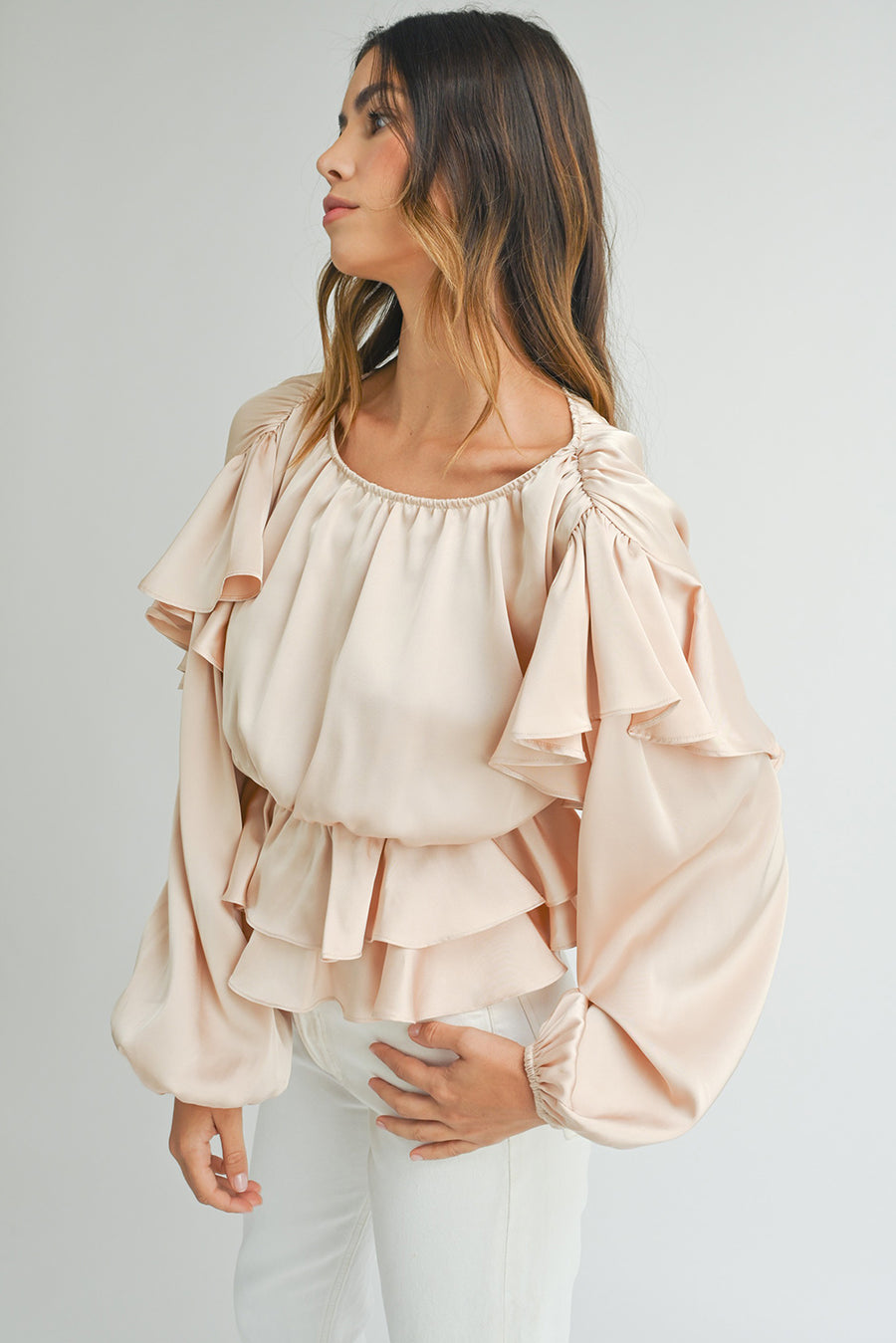 Bella Love Boutique California LLC Tops/Blouses & Shirts Oatmeal Lace-up Keyhole Back Ruffled Peplum Blouse