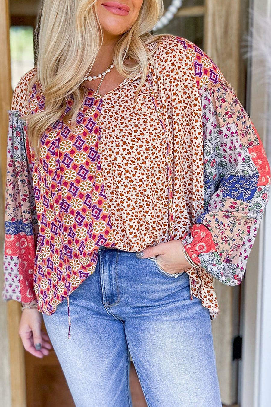 Bella Love Boutique California LLC Tops/Blouses & Shirts Orange / S / 100%Polyester Orange Mixed Floral Printed Long Sleeve Tied V Neck Blouse