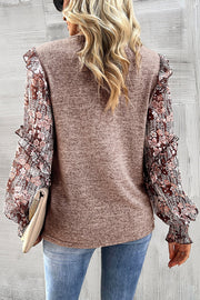 Bella Love Boutique California LLC Tops/Blouses & Shirts Pale Chestnut Ruffle Tiered Floral Sleeve Crew Neck Blouse