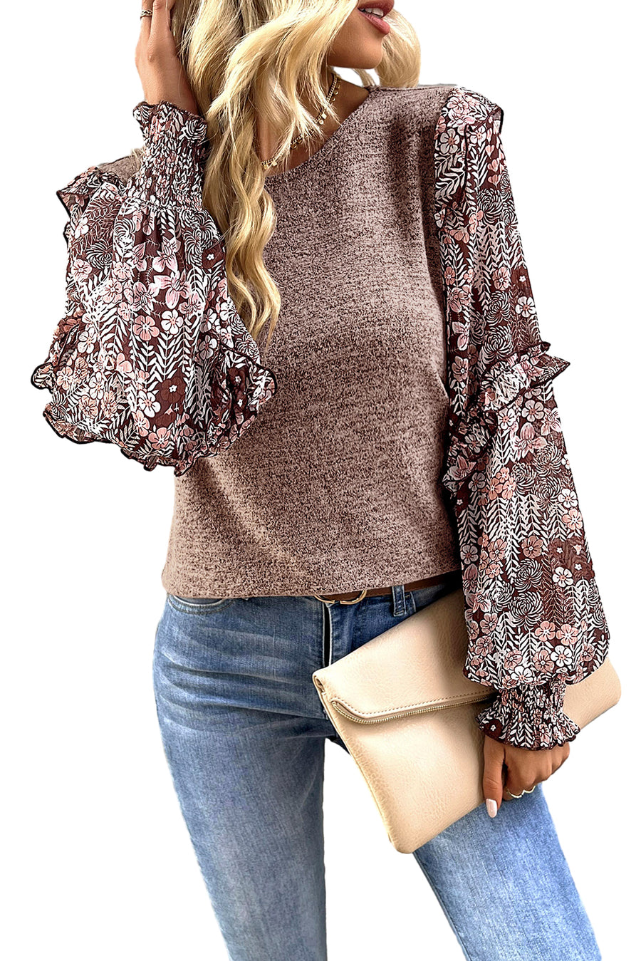 Bella Love Boutique California LLC Tops/Blouses & Shirts Pale Chestnut Ruffle Tiered Floral Sleeve Crew Neck Blouse