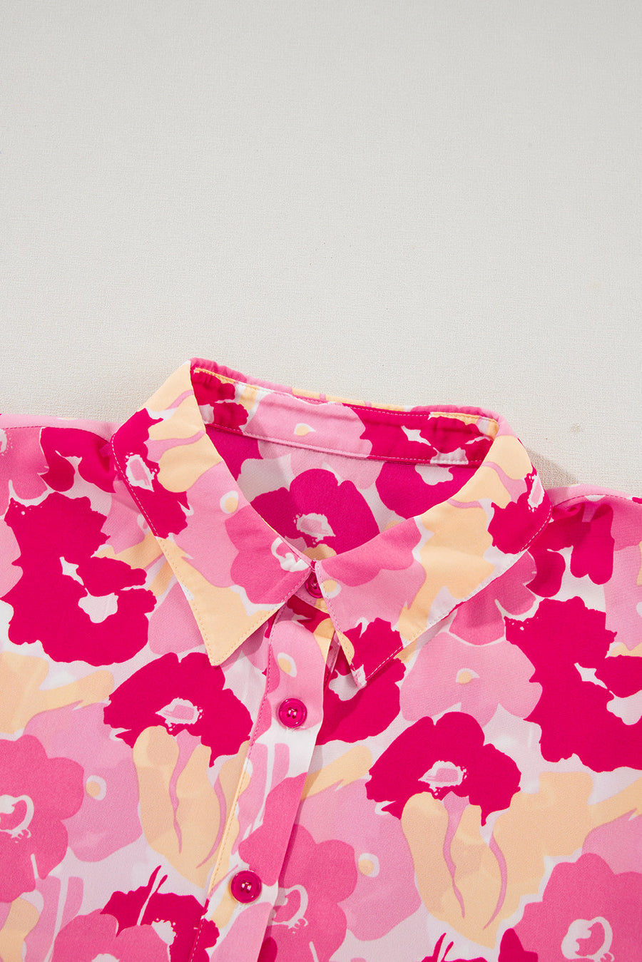 Pink Blooming Floral Print Puff Sleeve Buttoned Shirt