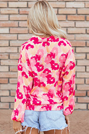 Bella Love Boutique California LLC Tops/Blouses & Shirts Pink Blooming Floral Print Puff Sleeve Buttoned Shirt