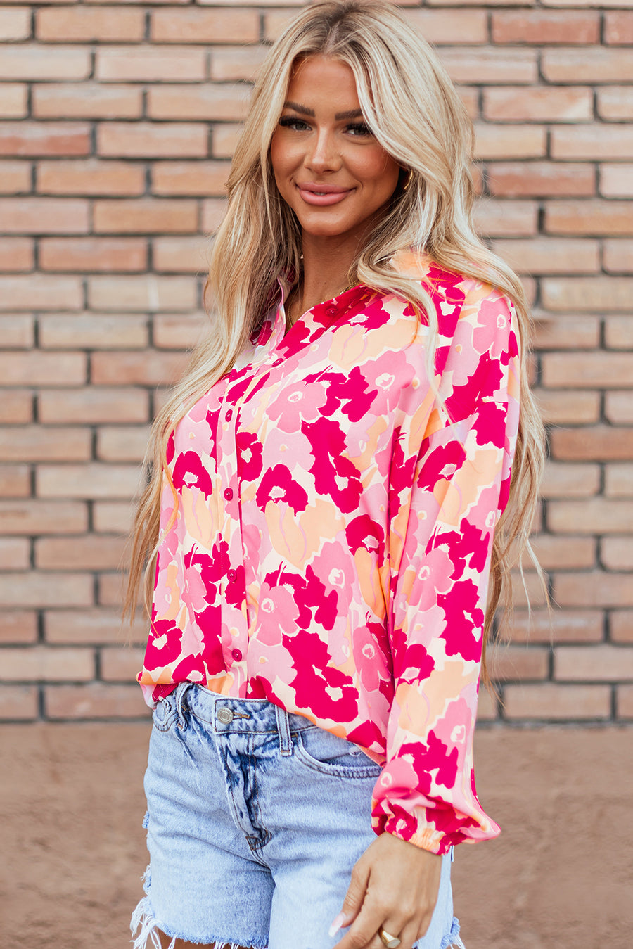 Bella Love Boutique California LLC Tops/Blouses & Shirts Pink Blooming Floral Print Puff Sleeve Buttoned Shirt