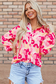 Bella Love Boutique California LLC Tops/Blouses & Shirts Pink Blooming Floral Print Puff Sleeve Buttoned Shirt