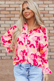 Bella Love Boutique California LLC Tops/Blouses & Shirts Pink Blooming Floral Print Puff Sleeve Buttoned Shirt