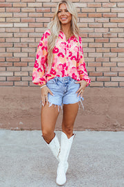 Bella Love Boutique California LLC Tops/Blouses & Shirts Pink Blooming Floral Print Puff Sleeve Buttoned Shirt