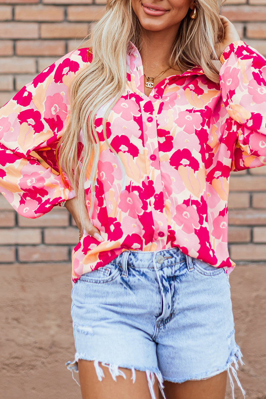 Bella Love Boutique California LLC Tops/Blouses & Shirts Pink Blooming Floral Print Puff Sleeve Buttoned Shirt