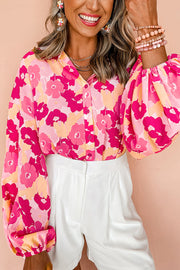 Bella Love Boutique California LLC Tops/Blouses & Shirts Pink Blooming Floral Print Puff Sleeve Buttoned Shirt