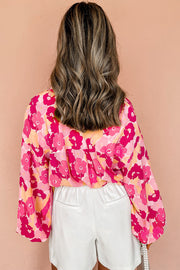 Bella Love Boutique California LLC Tops/Blouses & Shirts Pink Blooming Floral Print Puff Sleeve Buttoned Shirt