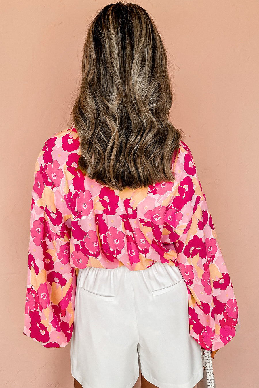 Bella Love Boutique California LLC Tops/Blouses & Shirts Pink Blooming Floral Print Puff Sleeve Buttoned Shirt