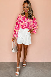 Bella Love Boutique California LLC Tops/Blouses & Shirts Pink Blooming Floral Print Puff Sleeve Buttoned Shirt