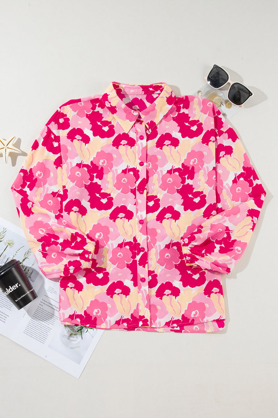 Bella Love Boutique California LLC Tops/Blouses & Shirts Pink Blooming Floral Print Puff Sleeve Buttoned Shirt