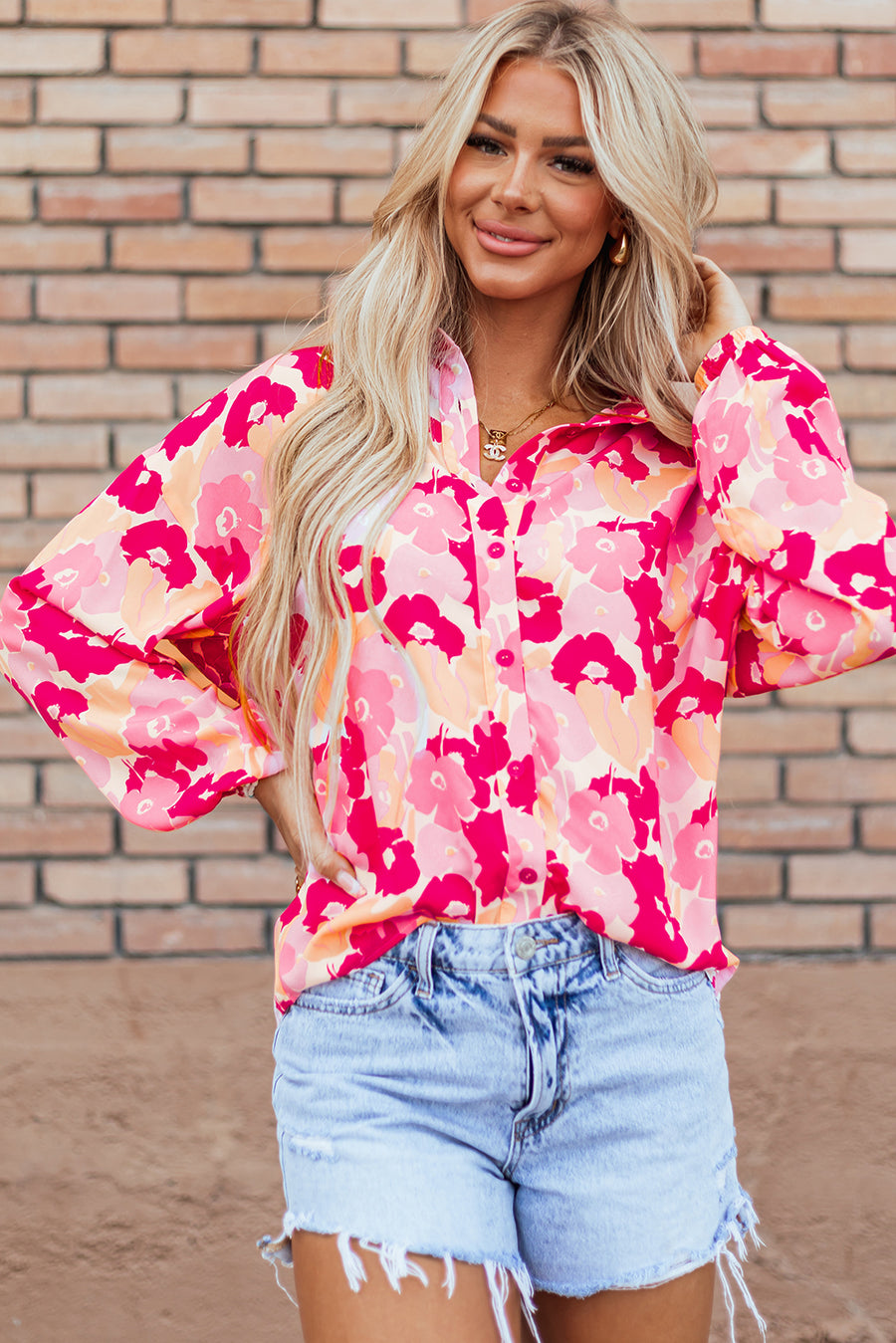 Bella Love Boutique California LLC Tops/Blouses & Shirts Pink / S / 100%Polyester Pink Blooming Floral Print Puff Sleeve Buttoned Shirt