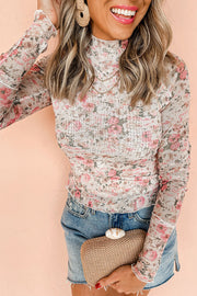 Bella Love Boutique California LLC Tops/Blouses & Shirts Pink / S / 95%Polyester+5%Elastane Brown Floral Long Sleeve High Neck Sheath Mesh Top