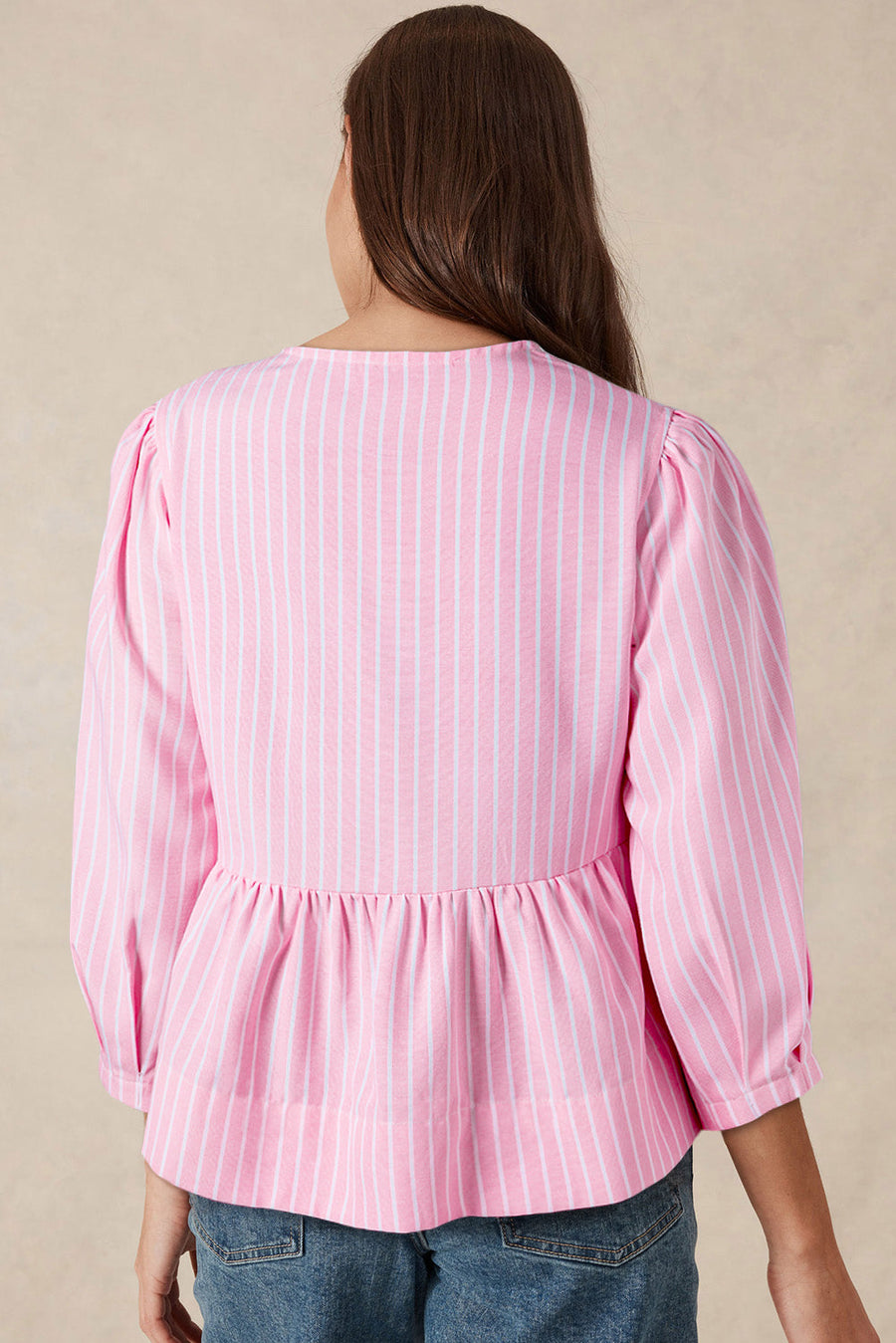 Bella Love Boutique California LLC Tops/Blouses & Shirts Pink Stripe Bowknot Front Crew Neck Puff Sleeve Blouse