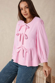 Bella Love Boutique California LLC Tops/Blouses & Shirts Pink Stripe Bowknot Front Crew Neck Puff Sleeve Blouse