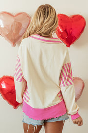 Bella Love Boutique California LLC Tops/Blouses & Shirts Pink Stripe Colorblock Patchwork Collared French Terry Knit Top