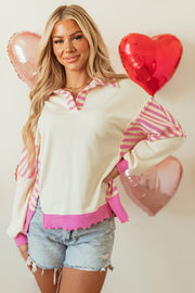 Bella Love Boutique California LLC Tops/Blouses & Shirts Pink Stripe / S / 65%Polyester+35%Cotton Pink Stripe Colorblock Patchwork Collared French Terry Knit Top