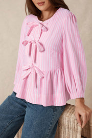 Bella Love Boutique California LLC Tops/Blouses & Shirts Pink Stripe / S / 85%Polyester+15%Viscose Pink Stripe Bowknot Front Crew Neck Puff Sleeve Blouse