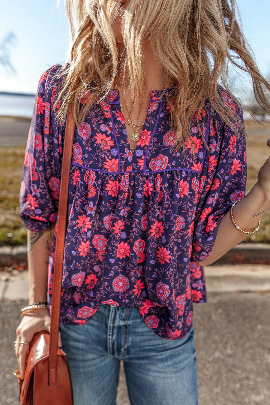 Bella Love Boutique California LLC Tops/Blouses & Shirts Purple Floral Half Sleeve Split Neck Blouse Top