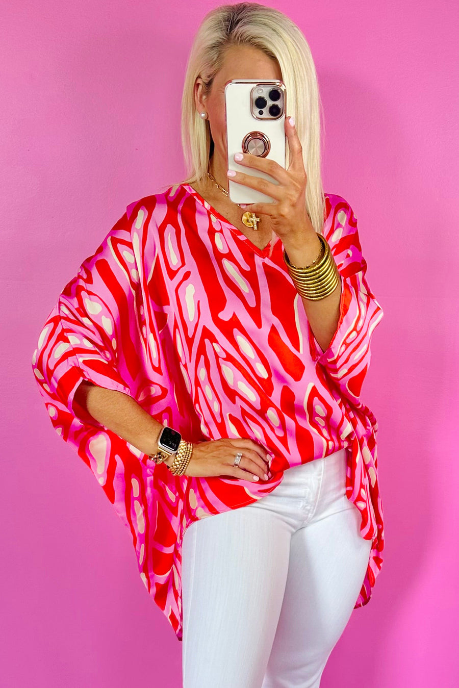 Bella Love Boutique California LLC Tops/Blouses & Shirts Red Abstract Print V Neck Batwing Sleeve Oversized Blouse