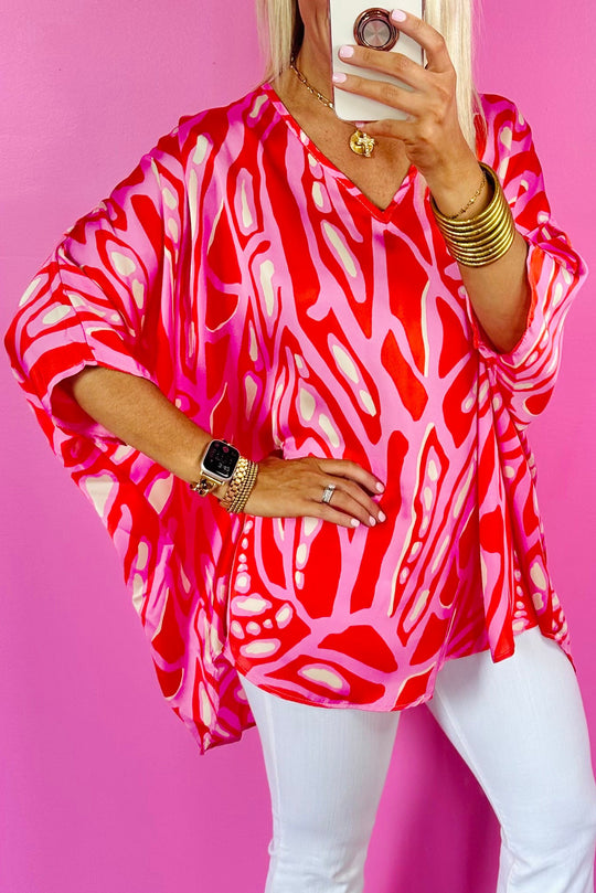 Bella Love Boutique California LLC Tops/Blouses & Shirts Red / S / 97%Polyester+3%Elastane Red Abstract Print V Neck Batwing Sleeve Oversized Blouse