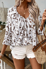 Bella Love Boutique California LLC Tops/Blouses & Shirts Rose Leopard Print Ruched V Neck 3/4 Sleeve Blouse