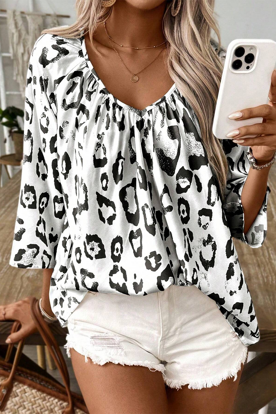 Bella Love Boutique California LLC Tops/Blouses & Shirts Rose Leopard Print Ruched V Neck 3/4 Sleeve Blouse