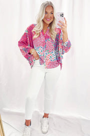 Bella Love Boutique California LLC Tops/Blouses & Shirts Rose Red Floral Allover Print Buttoned V Neck Oversized Shirt