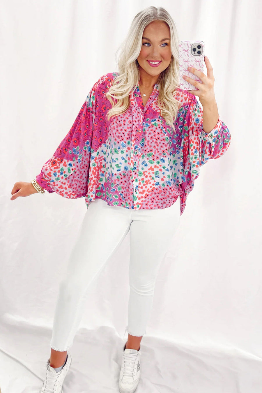 Bella Love Boutique California LLC Tops/Blouses & Shirts Rose Red Floral Allover Print Buttoned V Neck Oversized Shirt