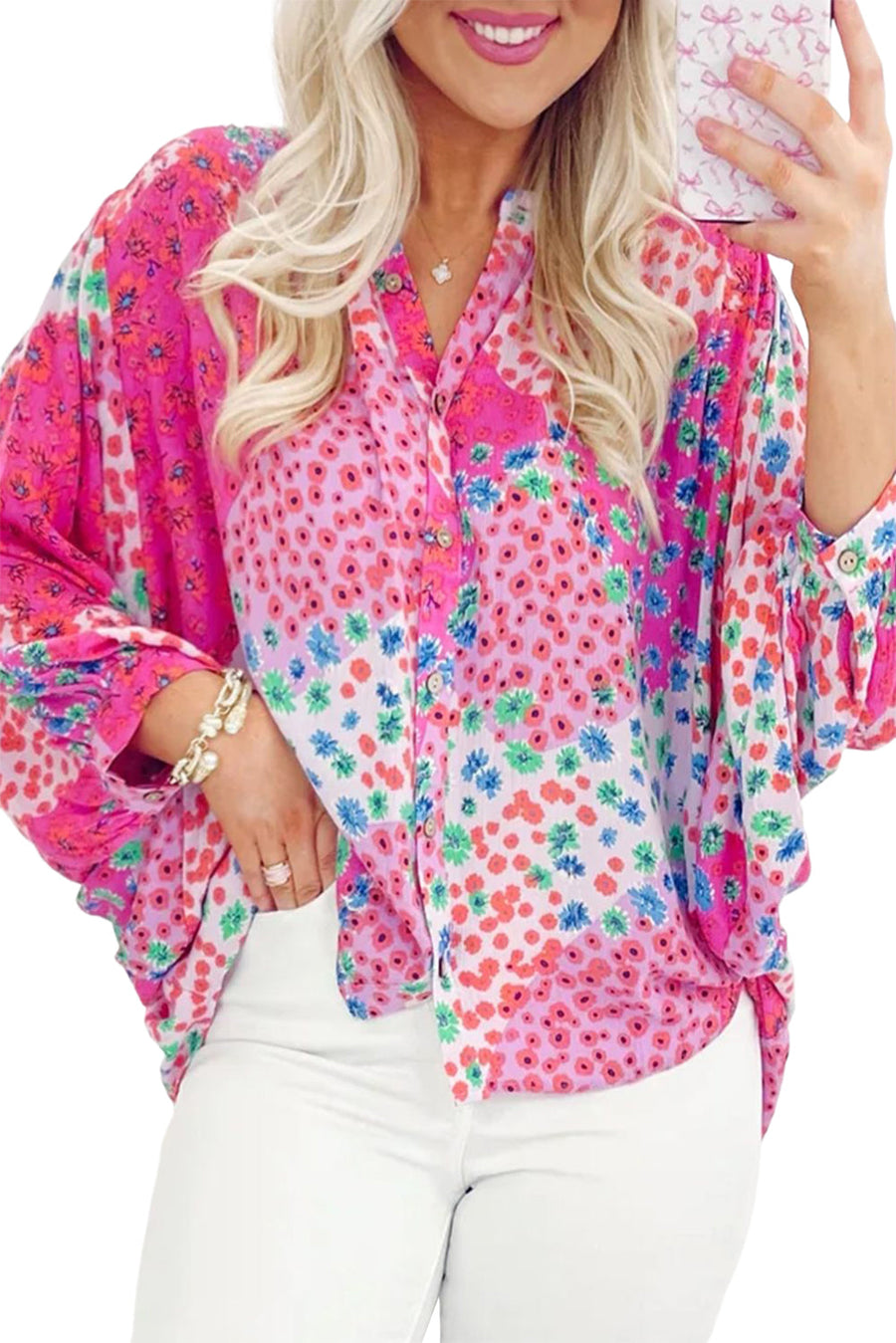 Bella Love Boutique California LLC Tops/Blouses & Shirts Rose Red Floral Allover Print Buttoned V Neck Oversized Shirt