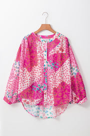 Bella Love Boutique California LLC Tops/Blouses & Shirts Rose Red Floral Allover Print Buttoned V Neck Oversized Shirt