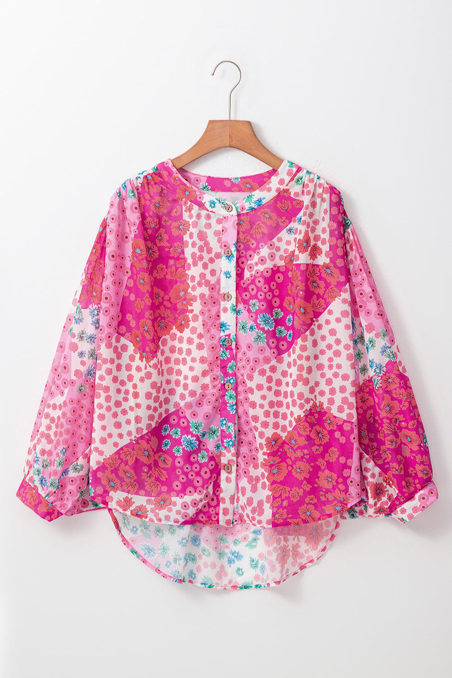 Bella Love Boutique California LLC Tops/Blouses & Shirts Rose Red Floral Allover Print Buttoned V Neck Oversized Shirt