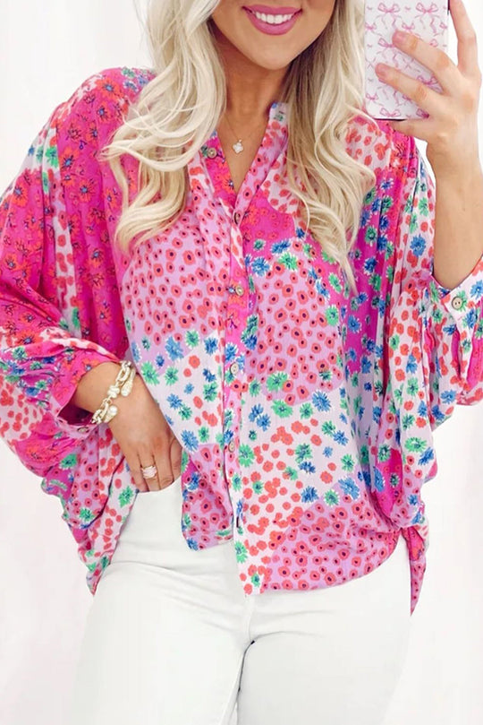 Bella Love Boutique California LLC Tops/Blouses & Shirts Rose Red / S / 100%Polyester Rose Red Floral Allover Print Buttoned V Neck Oversized Shirt