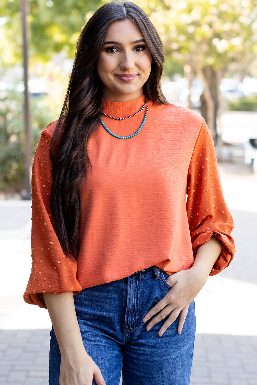 Bella Love Boutique California LLC Tops/Blouses & Shirts Russet Orange / S / 100%Polyester Russet Orange Swiss Dot Balloon Sleeve Loose Blouse