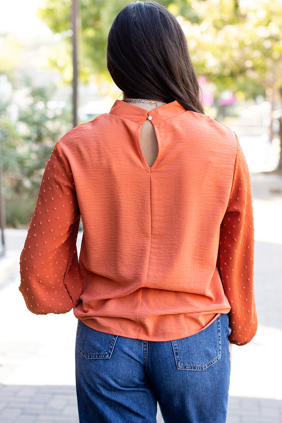 Bella Love Boutique California LLC Tops/Blouses & Shirts Russet Orange Swiss Dot Balloon Sleeve Loose Blouse