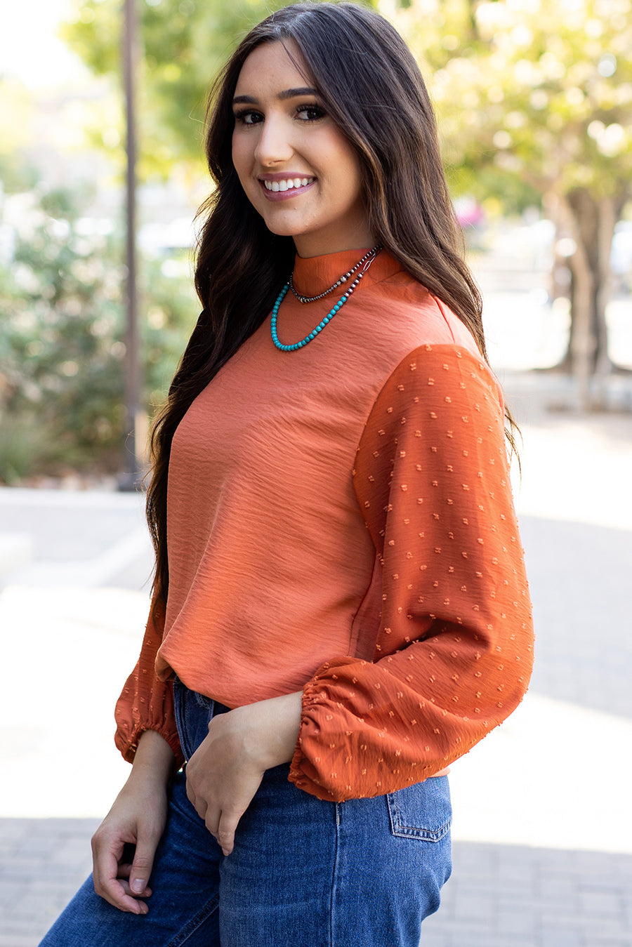 Bella Love Boutique California LLC Tops/Blouses & Shirts Russet Orange Swiss Dot Balloon Sleeve Loose Blouse