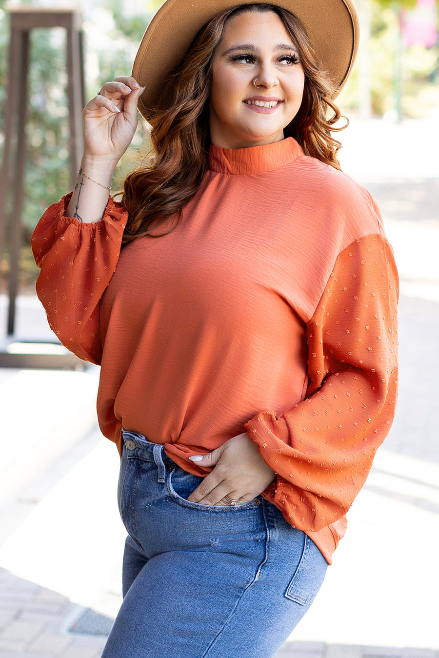 Bella Love Boutique California LLC Tops/Blouses & Shirts Russet Orange Swiss Dot Balloon Sleeve Loose Blouse