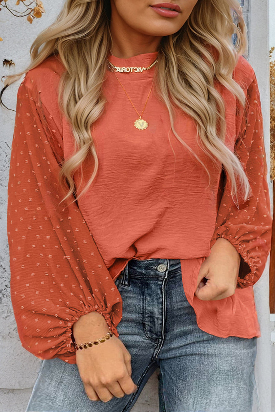 Bella Love Boutique California LLC Tops/Blouses & Shirts Russet Orange Swiss Dot Balloon Sleeve Loose Blouse