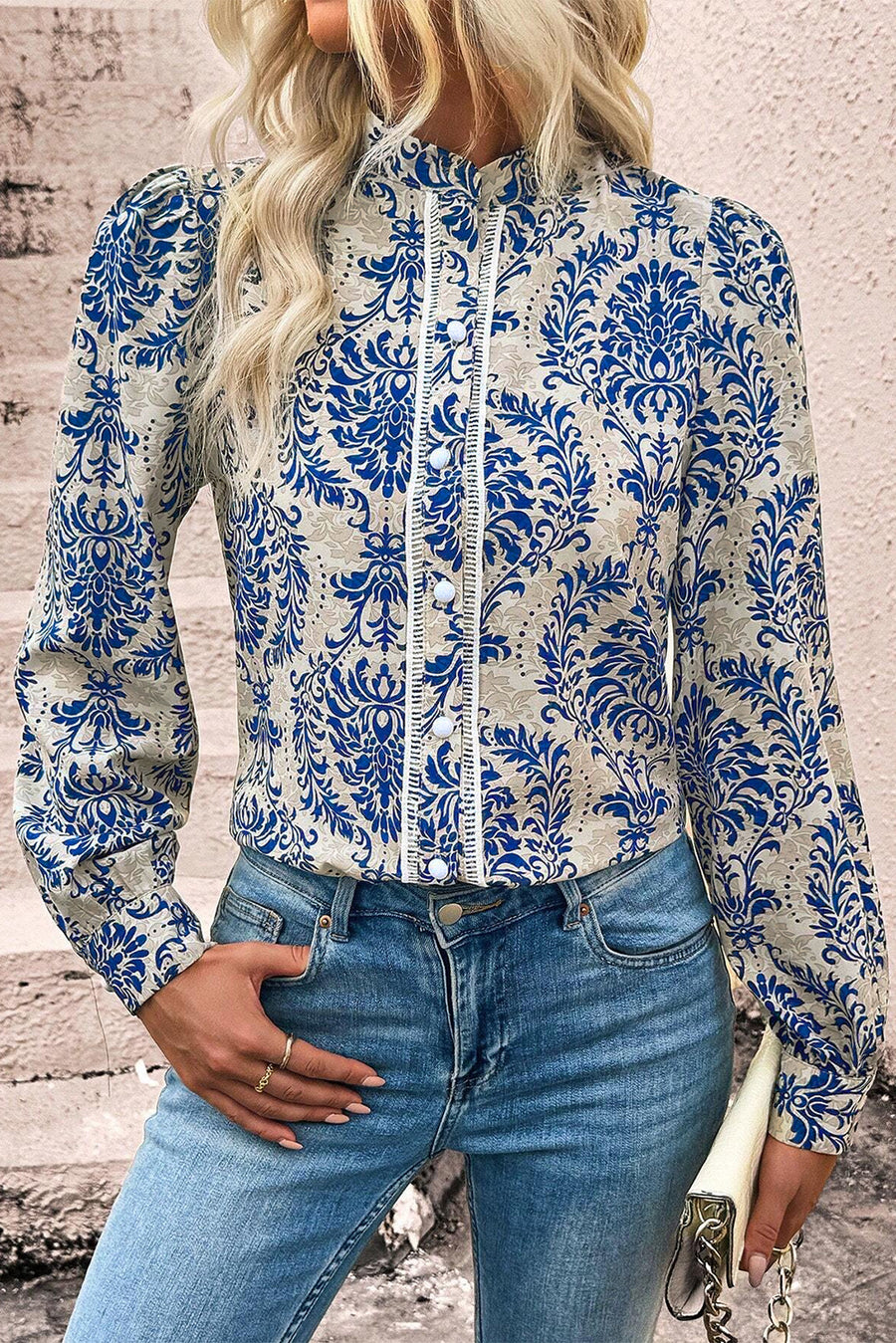 Bella Love Boutique California LLC Tops/Blouses & Shirts Sky Blue Bohemian Printed Bishop Sleeve Lace Shirt