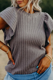 Bella Love Boutique California LLC Tops/Blouses & Shirts Sleet / S / 95%Polyester+5%Elastane Sleet Solid Color Textured Flutter Sleeve Top