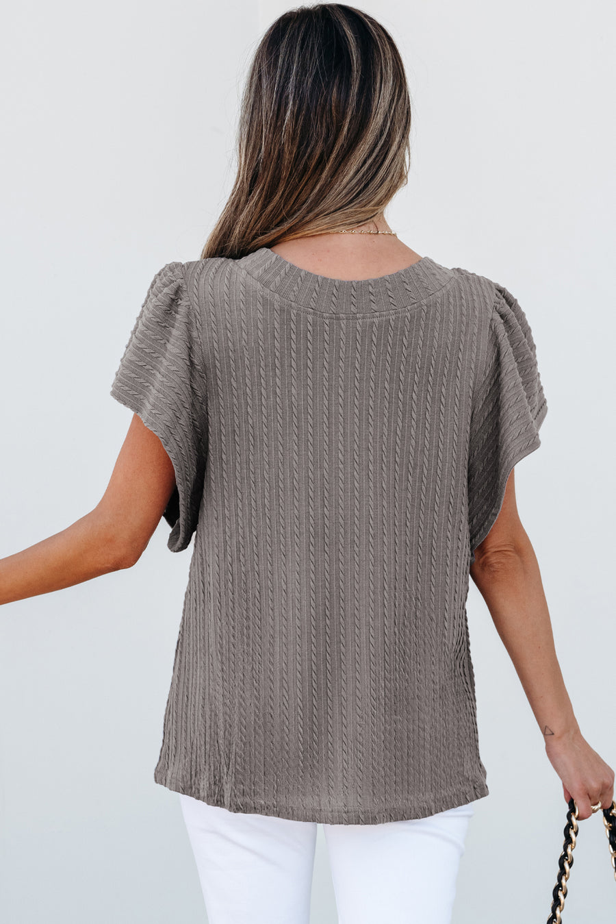 Bella Love Boutique California LLC Tops/Blouses & Shirts Sleet Solid Color Textured Flutter Sleeve Top