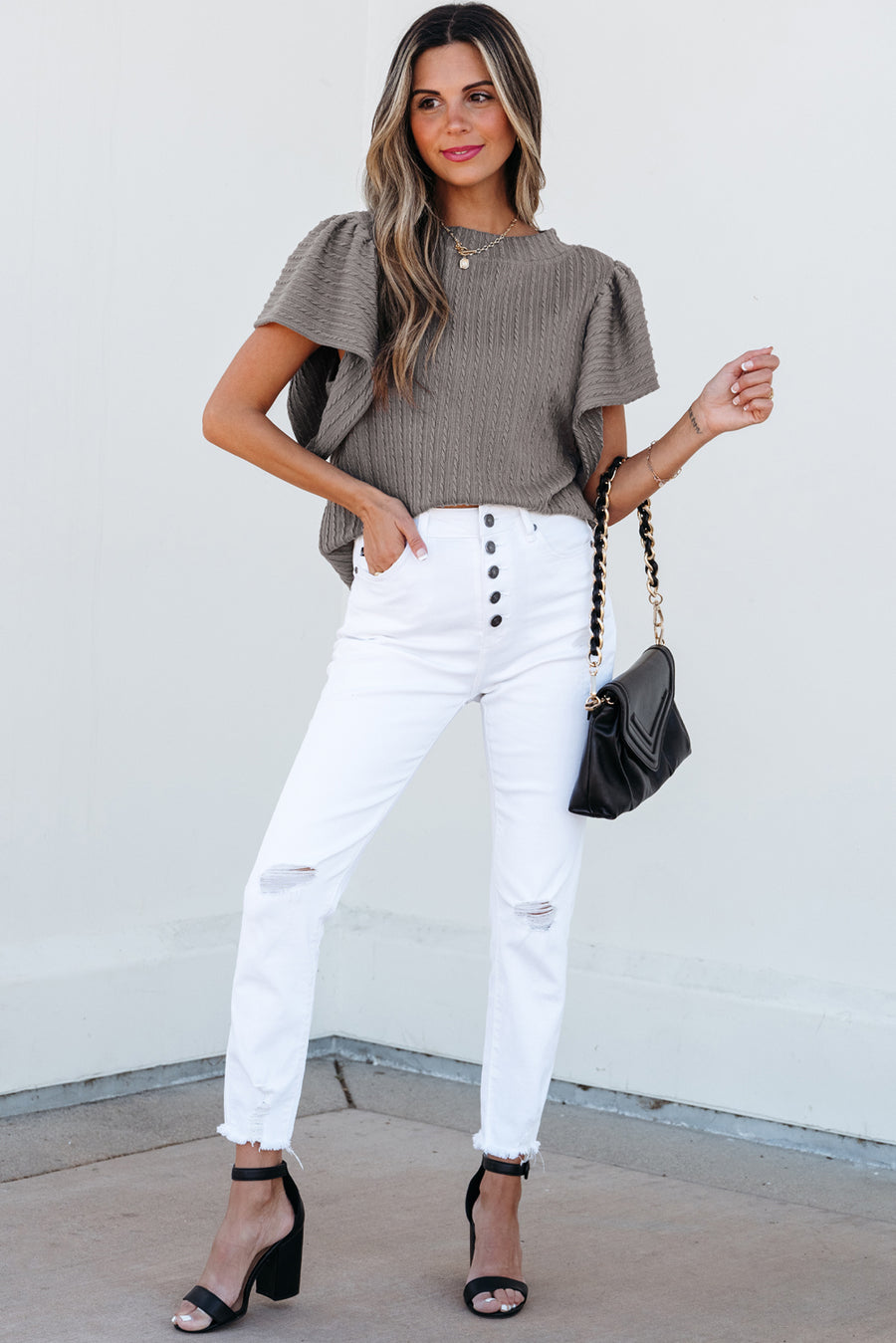 Bella Love Boutique California LLC Tops/Blouses & Shirts Sleet Solid Color Textured Flutter Sleeve Top