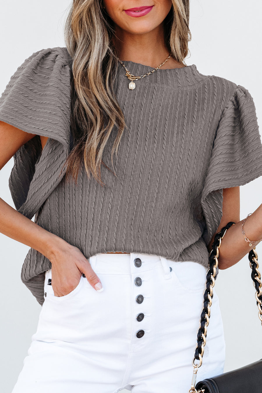 Bella Love Boutique California LLC Tops/Blouses & Shirts Sleet Solid Color Textured Flutter Sleeve Top