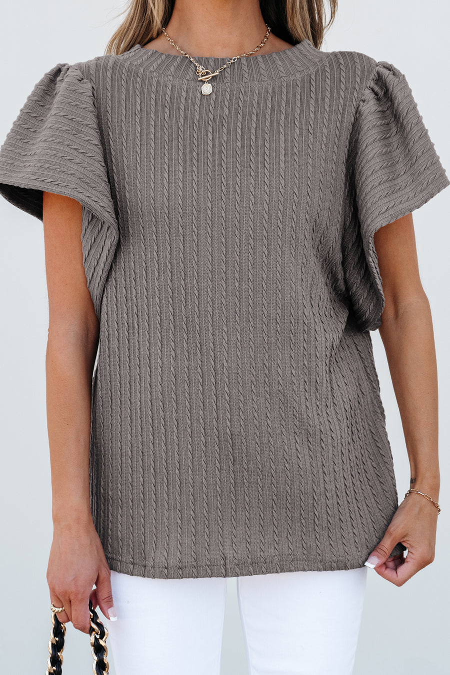 Bella Love Boutique California LLC Tops/Blouses & Shirts Sleet Solid Color Textured Flutter Sleeve Top